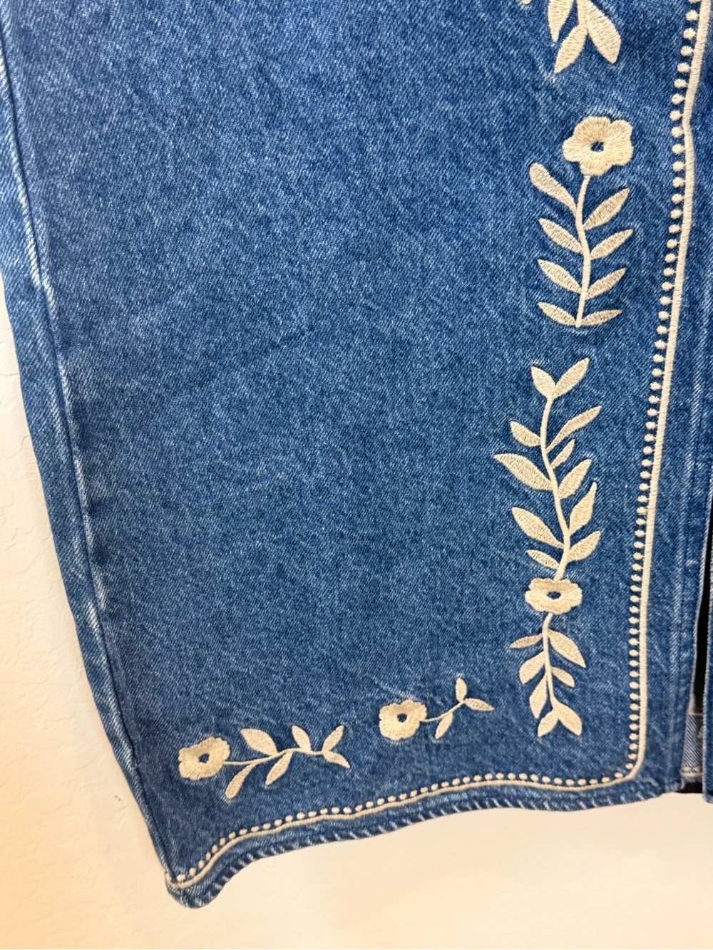 Sezane Embroidered Denim Pencil Skirt in Medium Blue - Picture 3 of 5